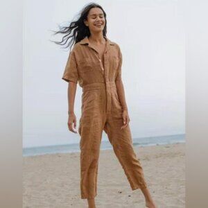 Mate The Label Sedona 100% Linen Utility Jumpsuit Size Large Tan